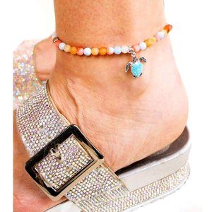 Anklet. Turquoise & Silver Turtle, Crystal Pave & Multi-color Beads.